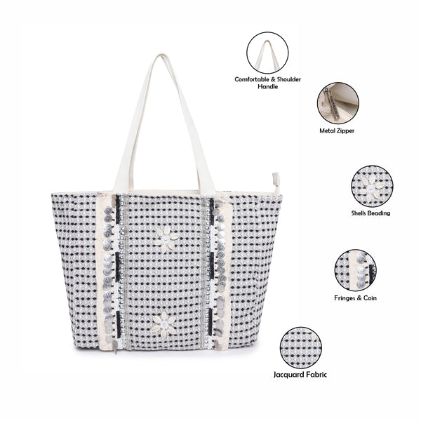 ASTRID Black/Natural Color Shopper Bags With Webbing  Handle