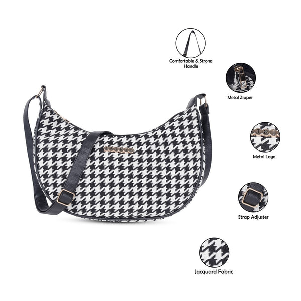 ASTRID Natural/Black Colour  Dhurry  Fabric Crossbody Sling/Travel Pouch With PU Adjustable Handle