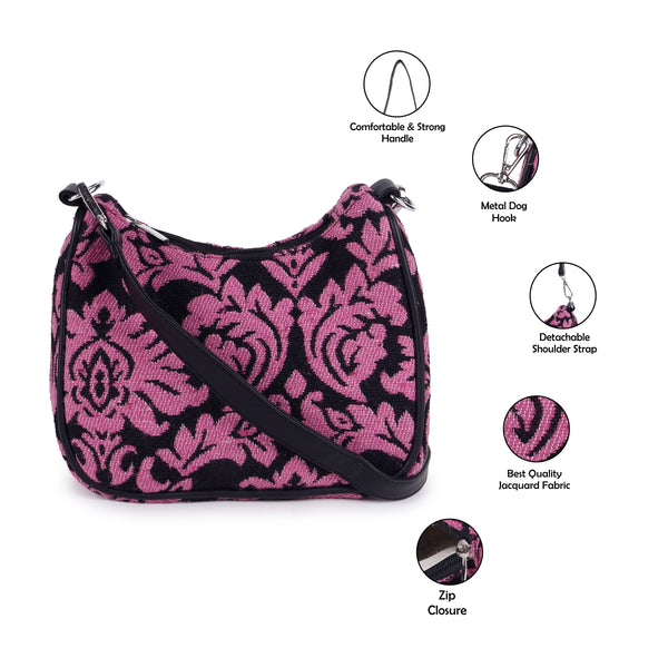 ASTRID Pink/Black Jacquard Fabric  With PU  Handle Bag.