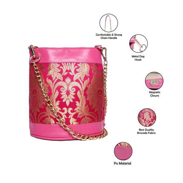 ASTRID Magenta Brocked Fabric  With PU and Chain Long Handle Bag.