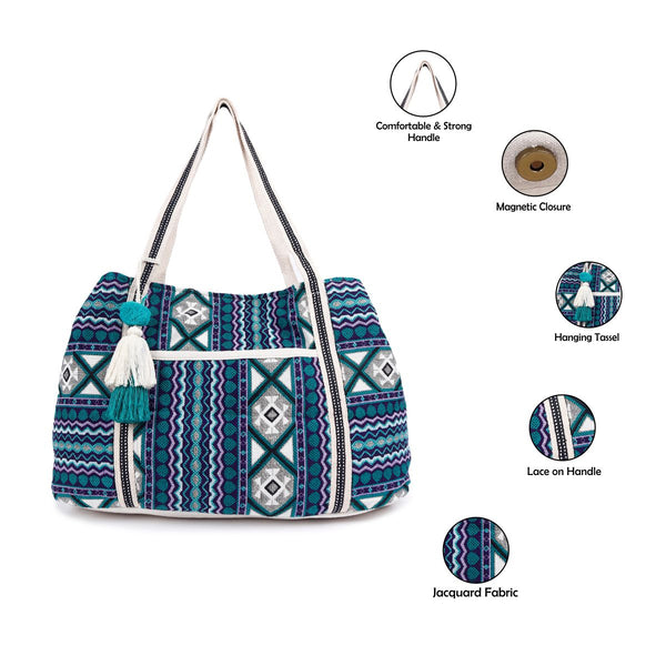 ASTRID Multi Color Tote Bags With Webbing  Handle Highlighted with PomPom lace,Beautiful Hanging Tassel