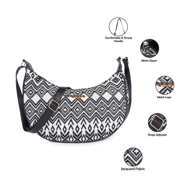 ASTRID Natural/Black Colour  Dhurry  Fabric Crossbody Sling/Travel Pouch With PU Adjustable Handle