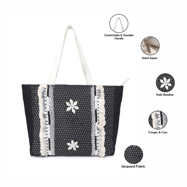ASTRID Black/Natural Color Shopper Bags With Webbing  Handle