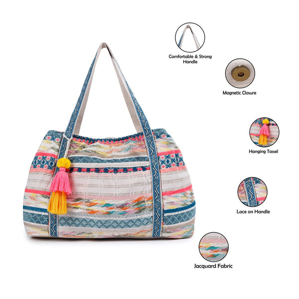 ASTRID Multi Color Tote Bags With Webbing  Handle Highlighted with PomPom lace,Beautiful Hanging Tassel