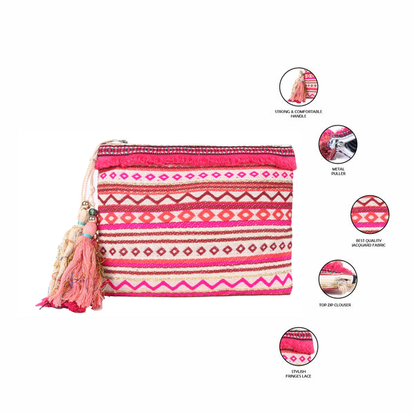 ASTRID Multi  with black colour striped woven Makeup/Travel Pouch With Tassels