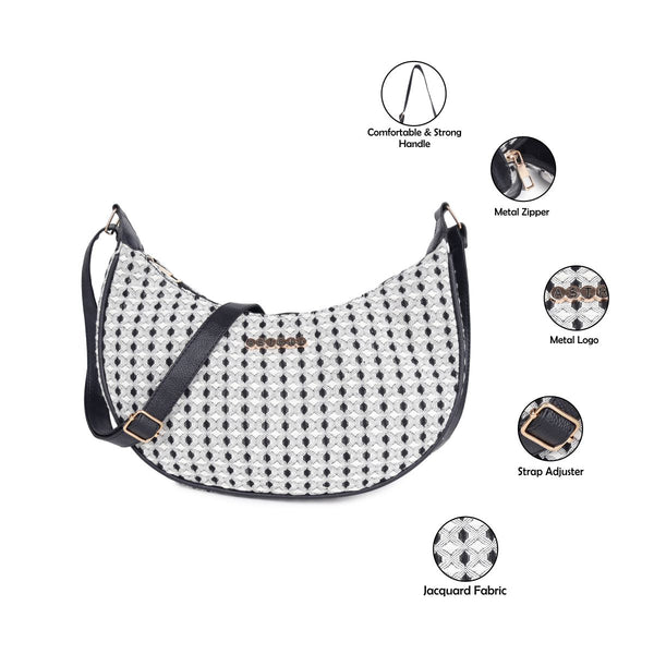 ASTRID Natural/Black Colour  Dhurry  Fabric Crossbody Sling/Travel Pouch With PU Adjustable Handle