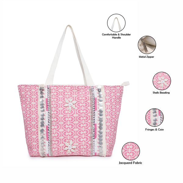 ASTRID Pink Color Shopper Bags With Webbing  Handle