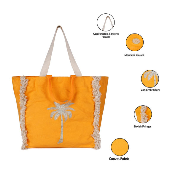 ASTRID Orange color Canvas Tote With Lurex embroidery.Shoulder Handle or Hand holder Handle