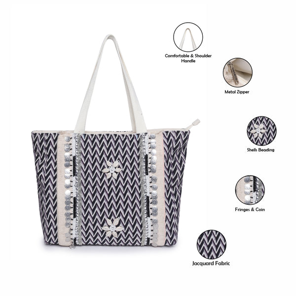 ASTRID Black/Natural Color Shopper Bags With Webbing  Handle