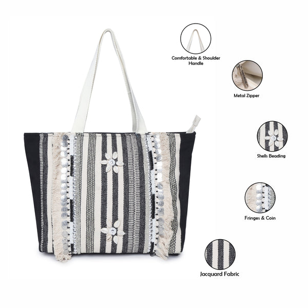 ASTRID Black/Natural Color Shopper Bags With Webbing  Handle