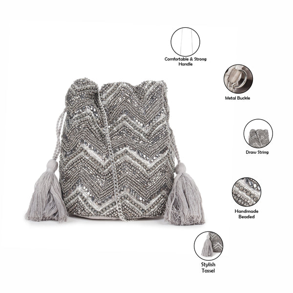 ASTRID Grey Beaded Embroidered Woven Makeup/Potli