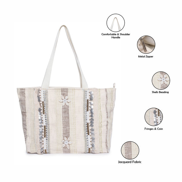 ASTRID Beige/Natural Color Shopper Bags With Webbing  Handle