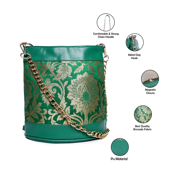 ASTRID Green Brocked Fabric  With PU and Chain Long Handle Bag.