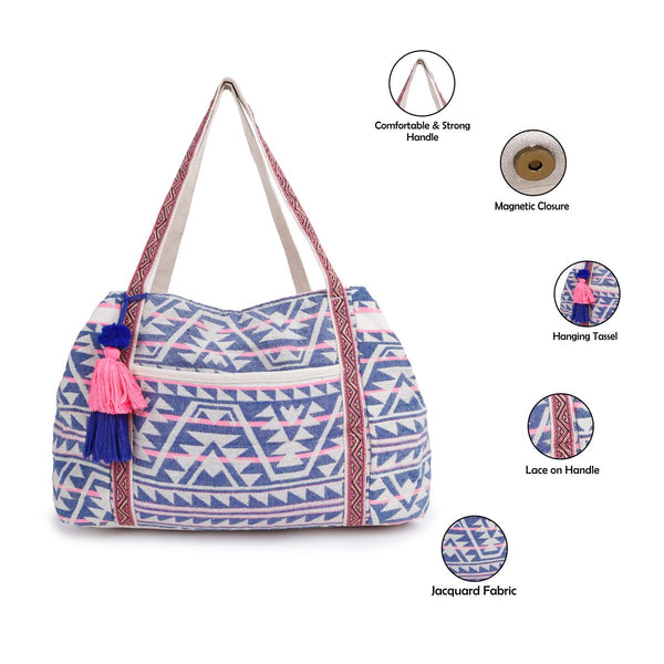 ASTRID Multi Color Tote Bags With Webbing  Handle Highlighted with PomPom lace,Beautiful Hanging Tassel