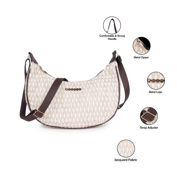 ASTRID Natural/Black Colour  Dhurry  Fabric Crossbody Sling/Travel Pouch With PU Adjustable Handle