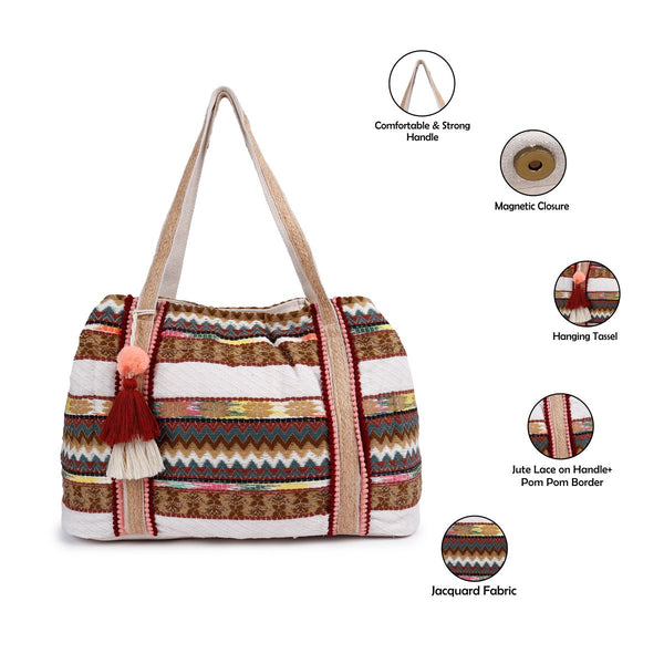 ASTRID Multi Color Tote Bags With Webbing  Handle Highlighted with PomPom lace,Beautiful Hanging Tassel