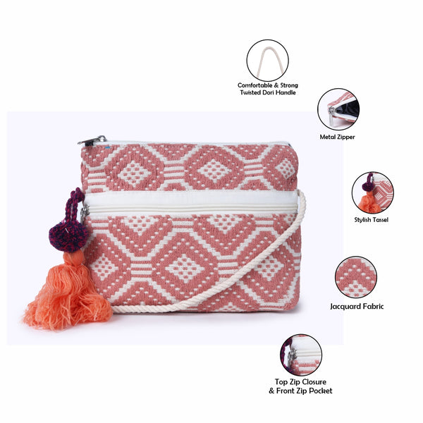 ASTRID Brown/Natural Colour  Dhurry  Fabric Cross body Sling/Travel Pouch With rope Handle