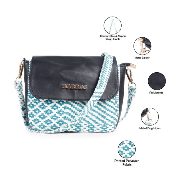 ASTRID White/Green Colour  Cotton Twill  Fabric Cross body Sling/Travel Sling With PU Flap Detachable Fabric Handle