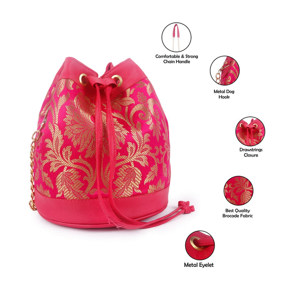 ASTRID Magenta Brocked Fabric Drawstring Bag With PU and Chain Long Handle Bag.