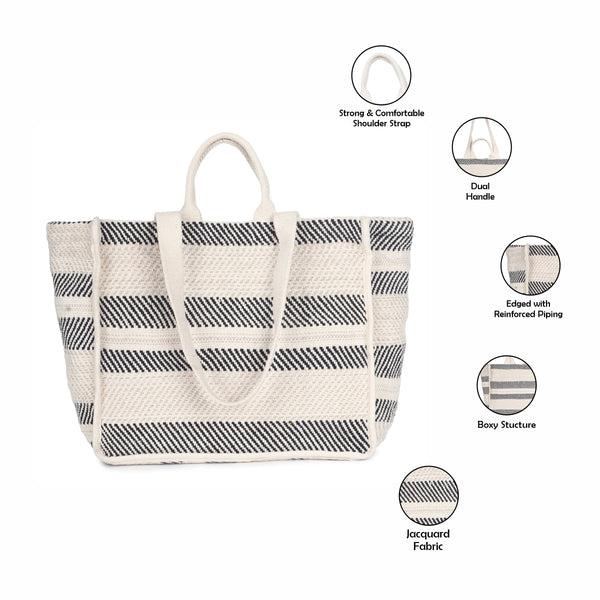 ASTRID Natural/Black Color Shopper Bags With Webbing Handle