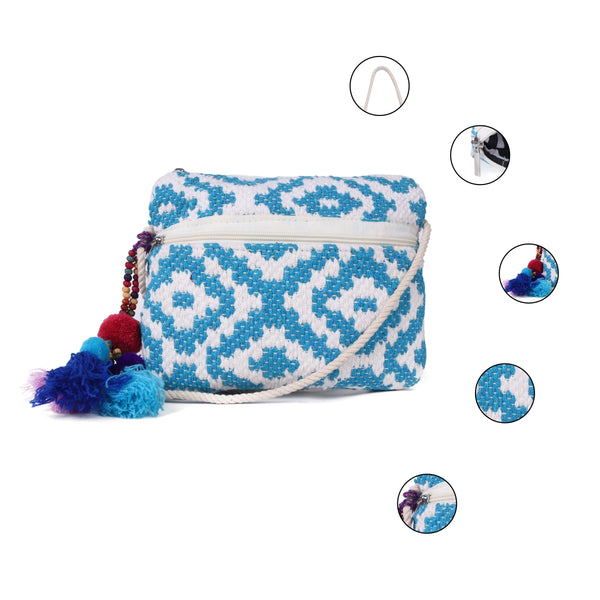 ASTRID Sky blue/Natural  Colour  Dhurry  Fabric Cross body Sling/Travel Pouch With rope Handle