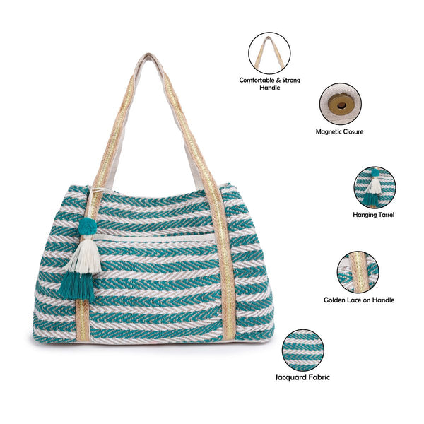 ASTRID Multi Color Tote Bags With Webbing  Handle Highlighted with PomPom lace,Beautiful Hanging Tassel