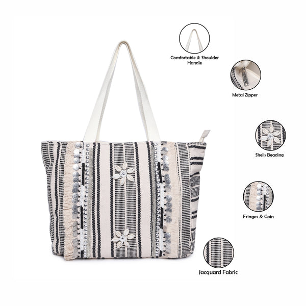 ASTRID Black/Natural Color Shopper Bags With Webbing  Handle