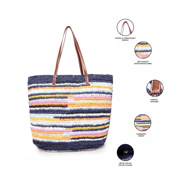 ASTRID Hand Made Multi Color Papper Raffia  Tote Bags With PU Handle .