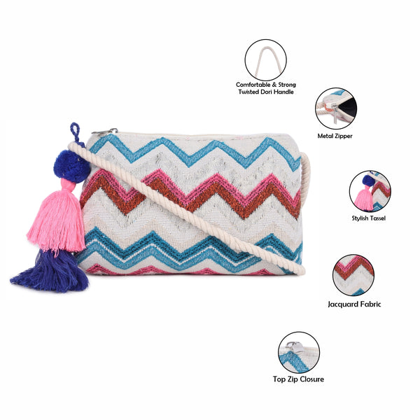 ASTRID Multi Colour  Dhurry  Fabric Crossbody Sling/Travel Pouch With rope Handle