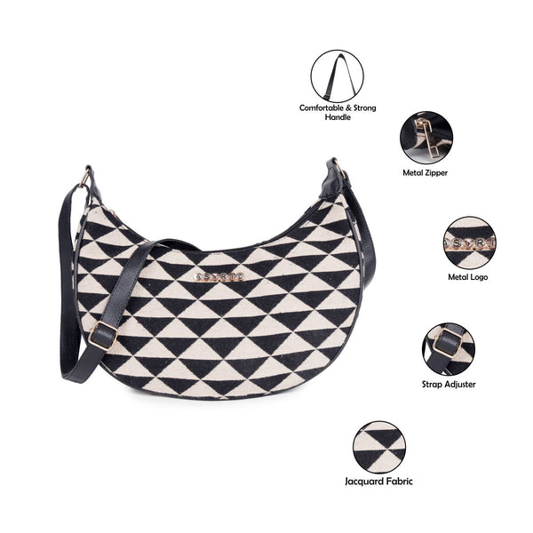 ASTRID Natural/Black Colour  Dhurry  Fabric Crossbody Sling/Travel Pouch With PU Adjustable Handle