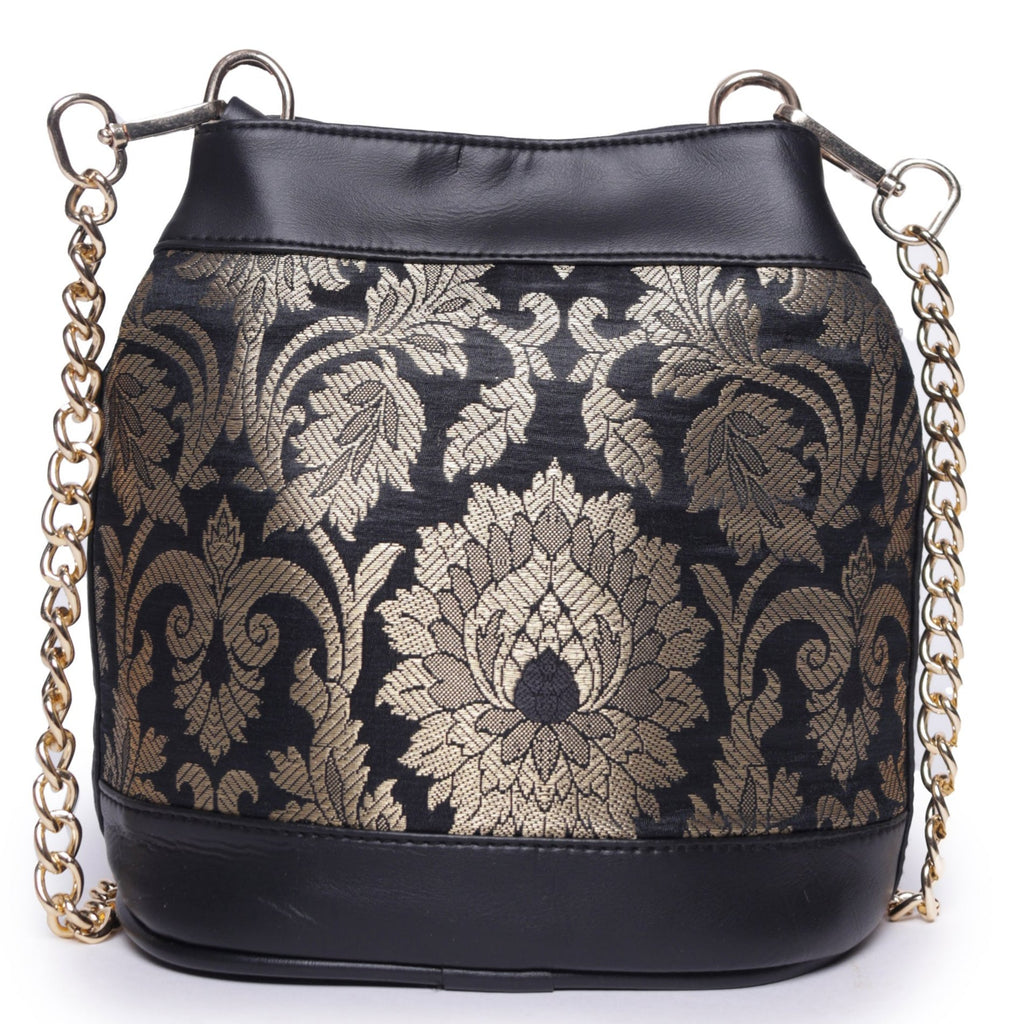 ASTRID Black Brocked Fabric  With PU and Chain Long Handle Bag.