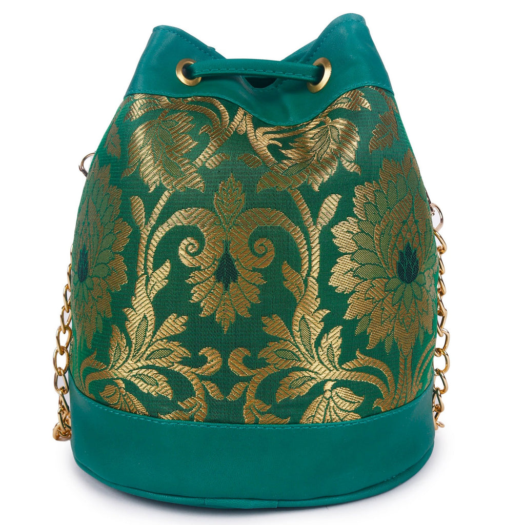 ASTRID Green Brocked Fabric Drawstring Bag With PU and Chain Long Handle Bag.