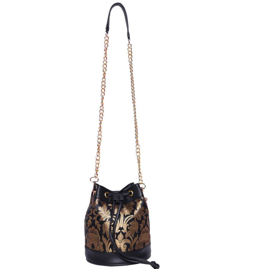 ASTRID Black Brocked Fabric Drawstring  Bag With PU and Chain Long Handle Bag.