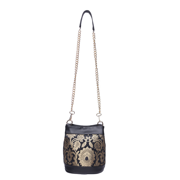 ASTRID Black Brocked Fabric  With PU and Chain Long Handle Bag.