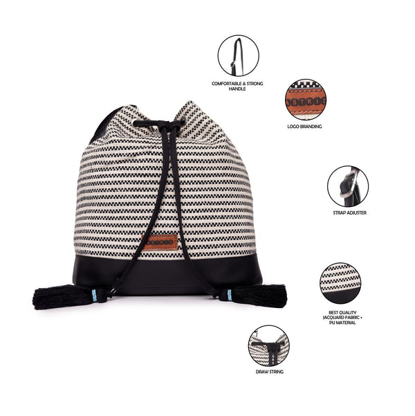 Black/White Stripe Dhurry Sling Bag With Drawstring Closure