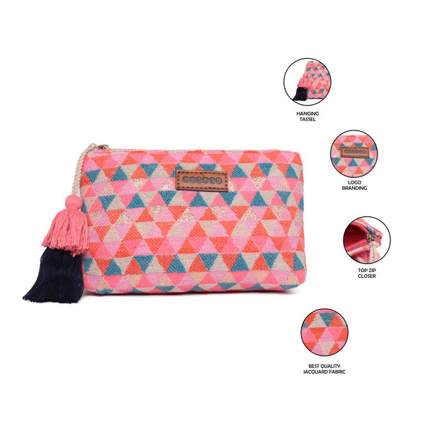 Multi Triangle Pattern Woven Makeup/Travel Pouch With Tassels