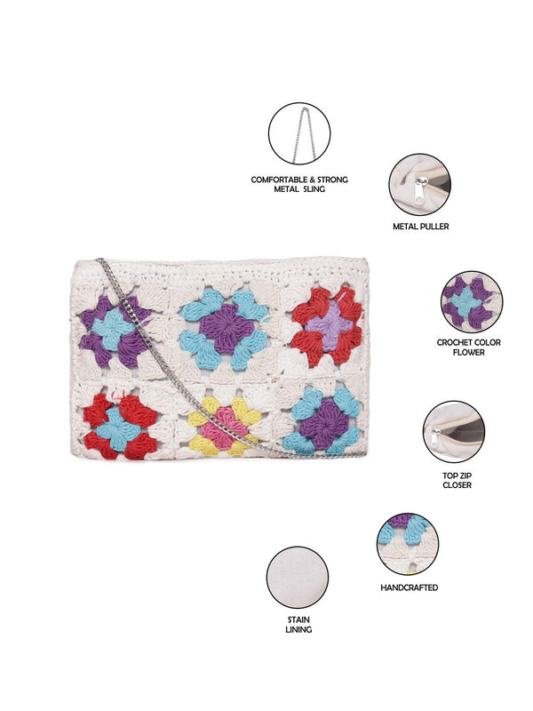 White/Multi Color Crochet  Crossbody Sling Bag