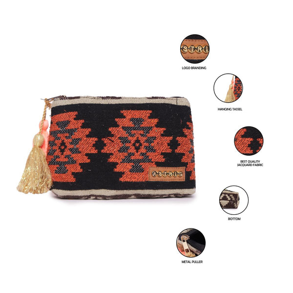 Black /Orange Colour Striped Woven Makeup/Travel Pouch With Tassels
