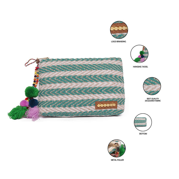 Natural/Green Colour Striped Woven Makeup/Travel Pouch With Tassels