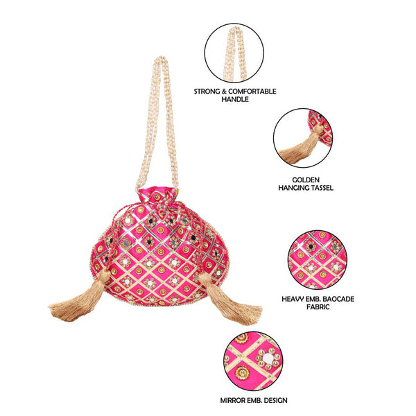 Mirror ,Gota Patti Embroidered Pink Color Potli Bag With Beads Layered Handle