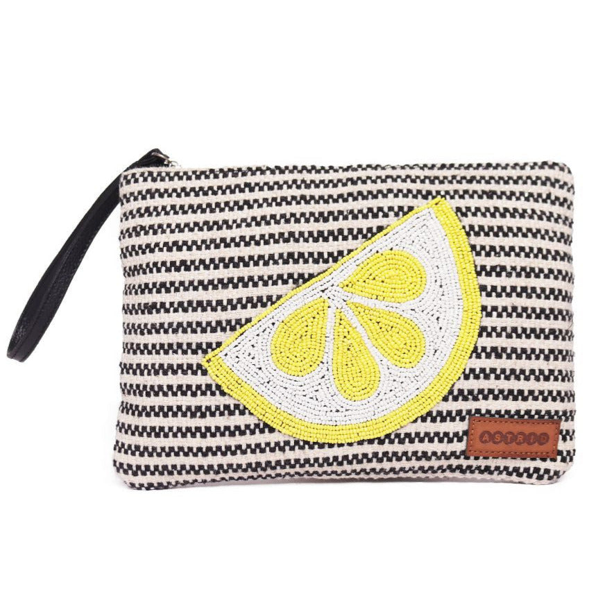 Black/White Striped Woven Makeup/Travel Pouch With Wrist Handle