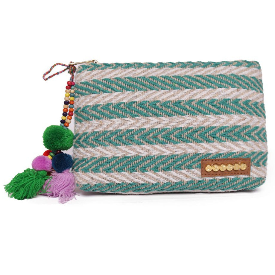 Natural/Green Colour Striped Woven Makeup/Travel Pouch With Tassels
