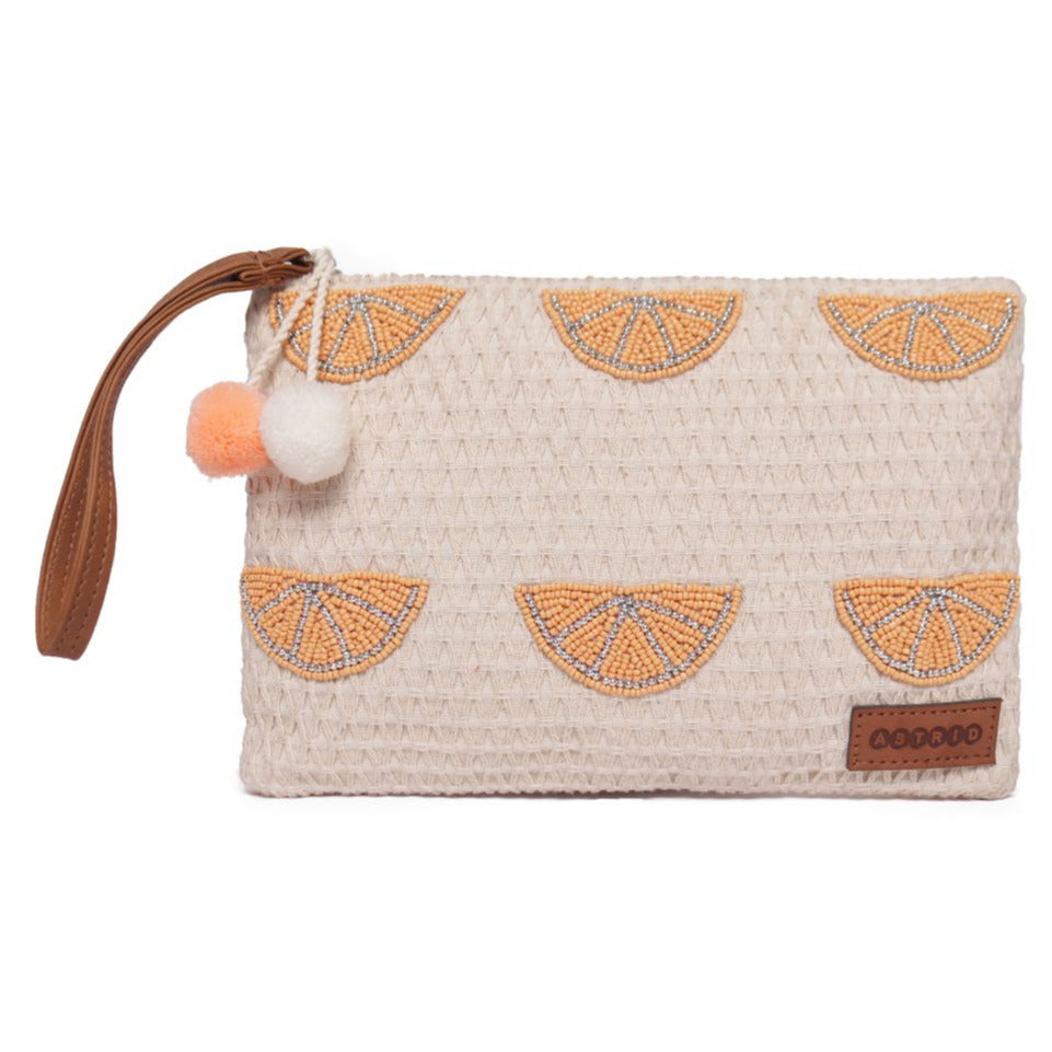 Natural Geometric Woven Makeup/Travel Pouch With Wrist Handle