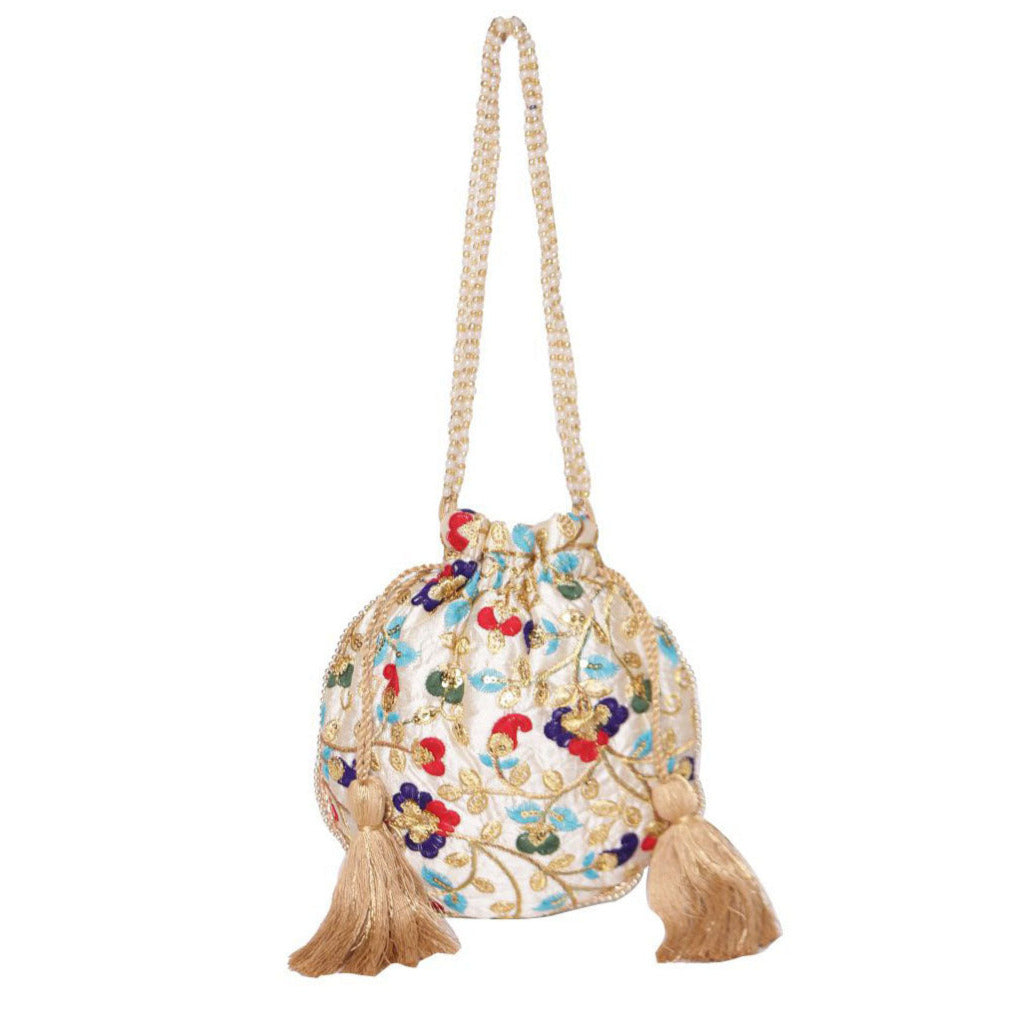 Embroidered Beige Color Potli Bag With Beads Layered Handle