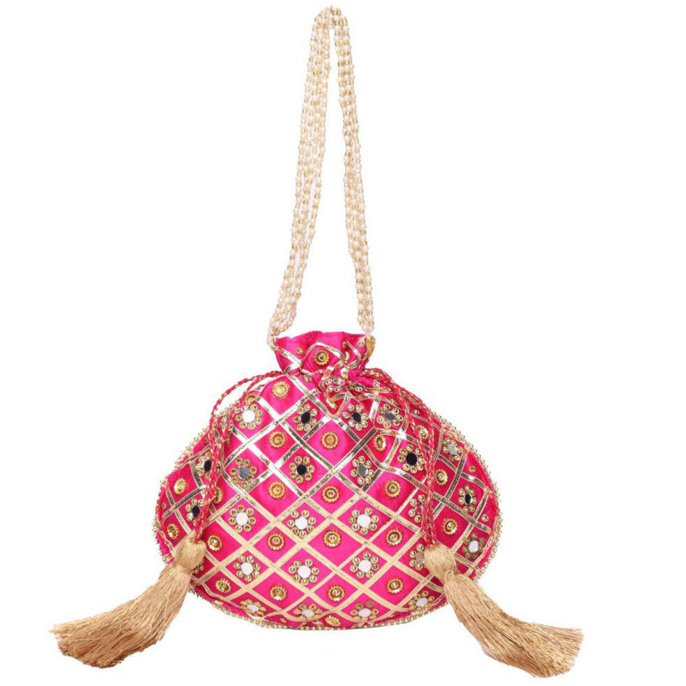 Mirror ,Gota Patti Embroidered Pink Color Potli Bag With Beads Layered Handle
