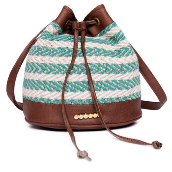 Natural/Green Aztec Cotton Sling Bag With Drawstring Closure