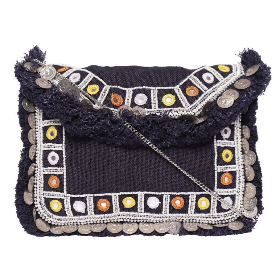 Black Jute  Sling Bag  With Chain Strap