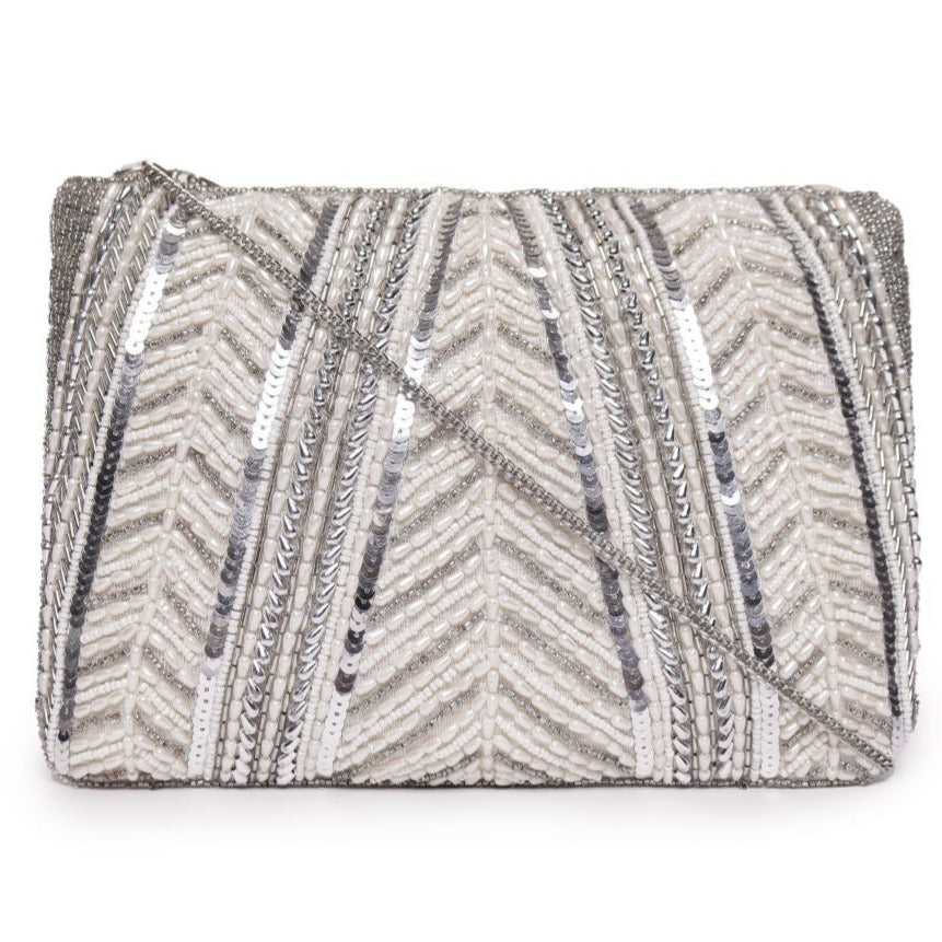Off White Beaded Embroidered Woven Makeup/Travel Pouch