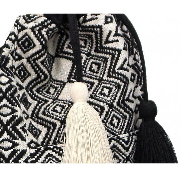 Women Black Jacquard Cotton Rope Shoulder Bag With Tassels