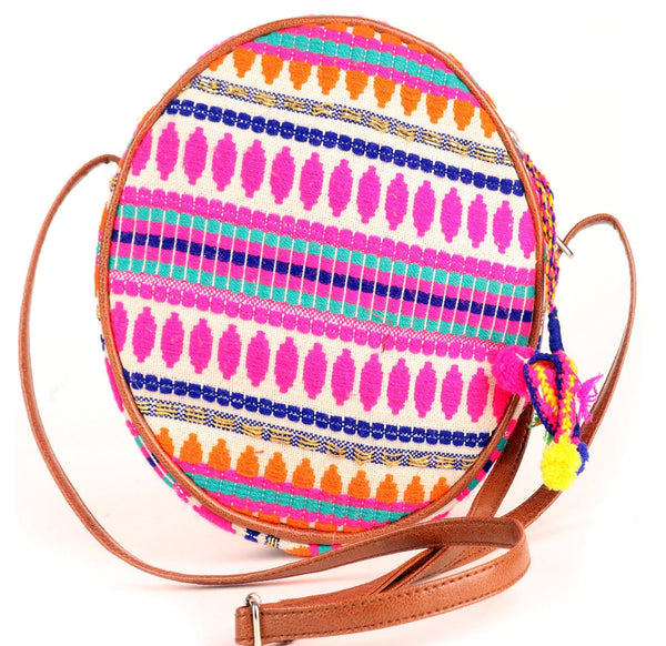 Pink Orange Jacquard Round Sling Bag With Pompom Tassel